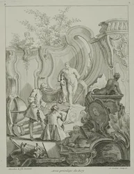Hantverkare som arbetar med mönster, från "Rococo Ornament", graverad av Antoine Aveline (1691-1743), publicerad 1736-49.